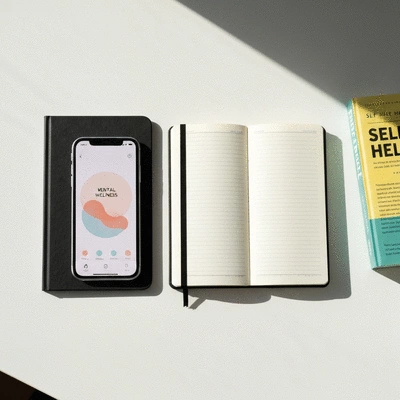 Modern smartphone displaying a mental wellness app, journal, and self-help book on a clean desk