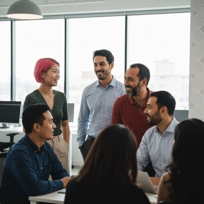 Diverse group of employees in a brightly lit, modern office collaborating and discussing mental health initiatives