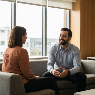 Employee and manager having a supportive conversation in a modern office, emphasizing mental health support