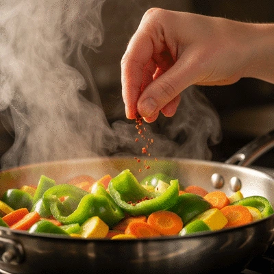 Hand sprinkling a pinch of cayenne pepper into a cooking pan with vegetables