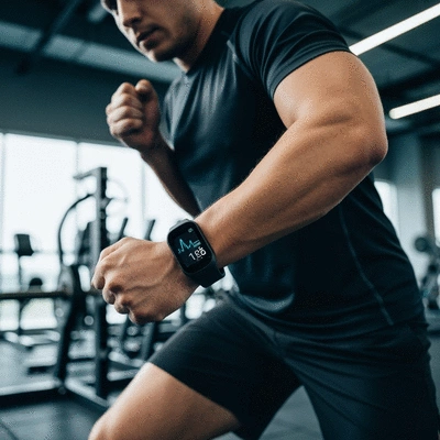 Person using a fitness tracker on their wrist during a workout, showing data on the screen