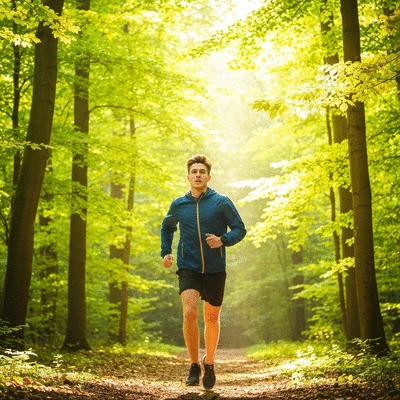 Person enjoying a brisk walk in nature, bright and uplifting atmosphere, no text, no words, no typography, clean image