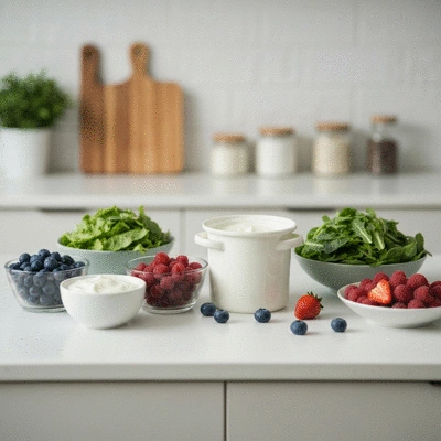 Assortment of functional foods like yogurt, berries, and leafy greens, illustrating digestive health benefits, clean image