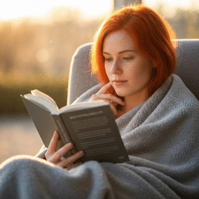 Person thoughtfully reading a book about mental health, calm and focused, with soft natural lighting