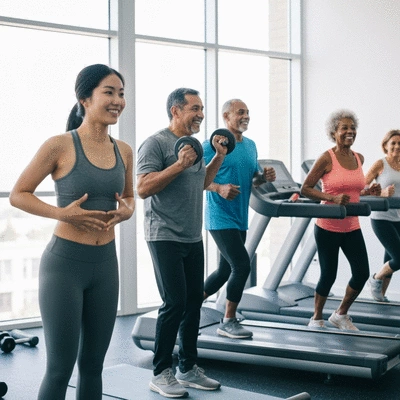 Diverse group of people exercising together in a bright, modern gym setting