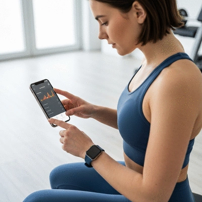 Person using a fitness tracking app on a smartphone to monitor workout progress, with a smartwatch on their wrist