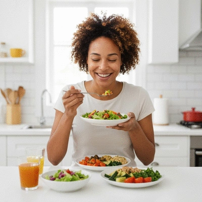 Person enjoying a healthy, balanced meal, symbolizing the role of nutrition in healing journeys, no text, no words, no typography, clean image